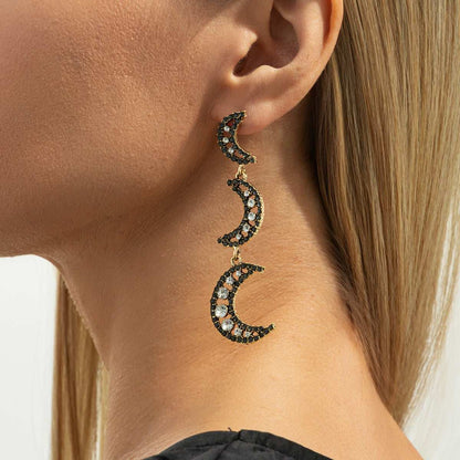 Black Cubic Zirconia & Goldtone Tiered Moon Dangle Earrings