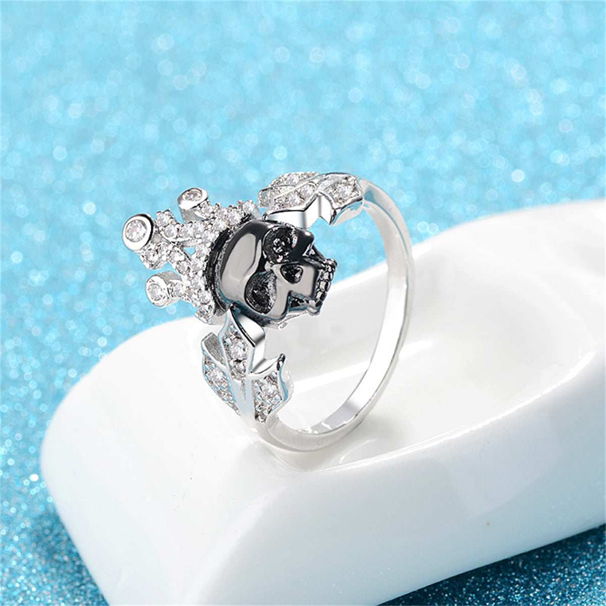 Cubic Zirconia & Silvertone Crown Skull Ring