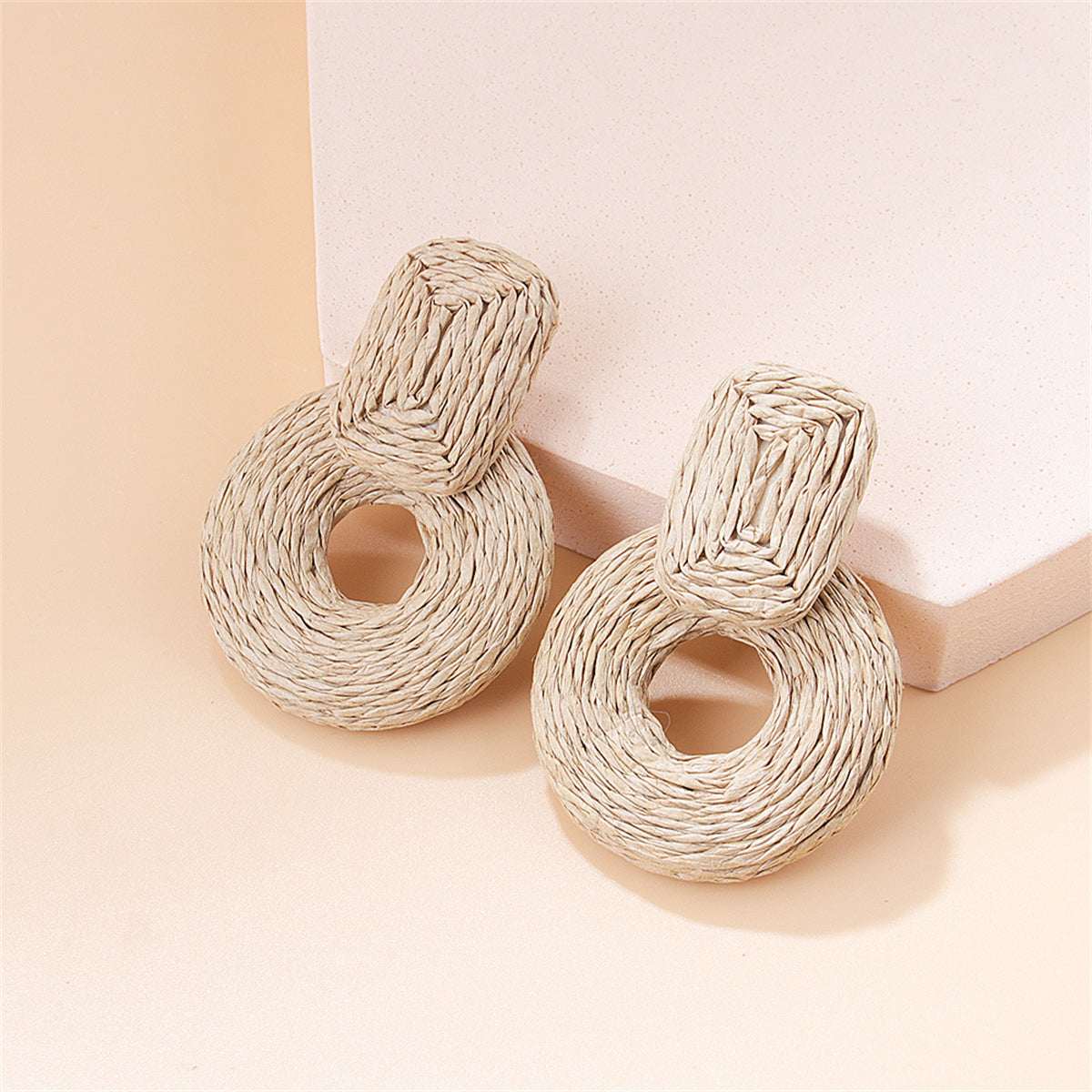 Beige Raffia Geo Drop Earrings