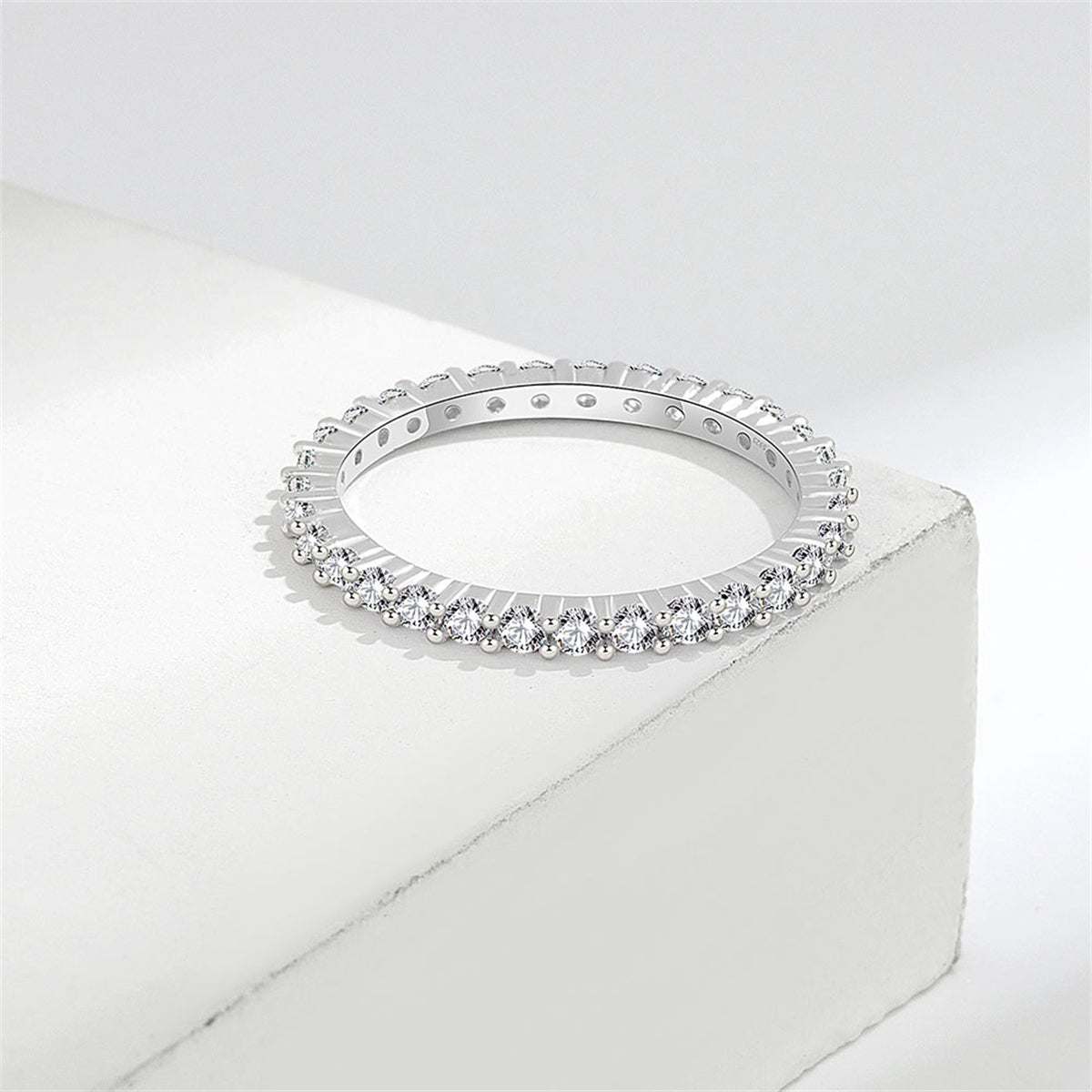 Cubic Zirconia & Silvertone Thin Band Ring