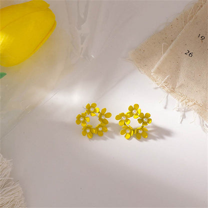 Pearl & Yellow Enamel Floral Garland Stud Earrings