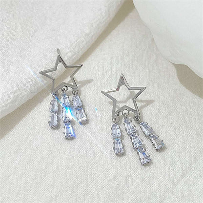 Crystal & Silvertone Open Star Tassel Drop Earrings