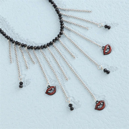 Black Acrylic & Silvertone Vampire Tassel Choker Necklace