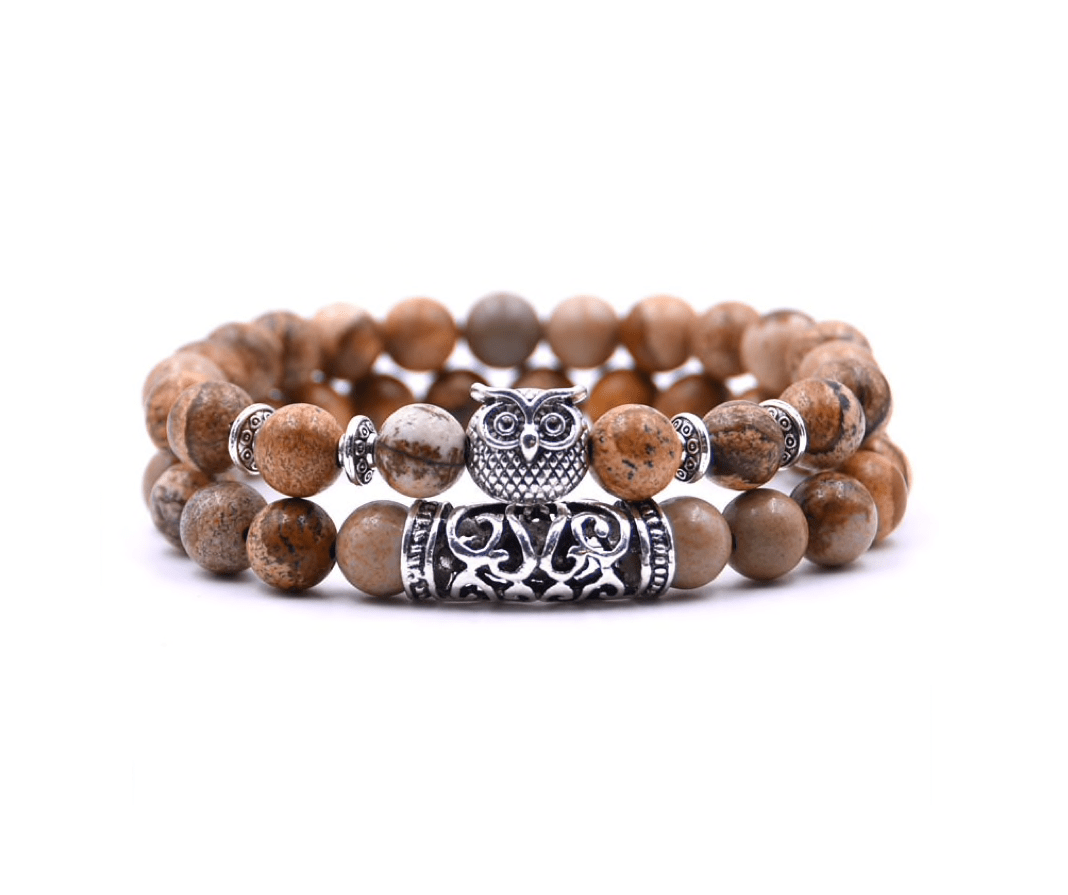 Earth Tone Beaded Owl Bracelet Set 2-Piece