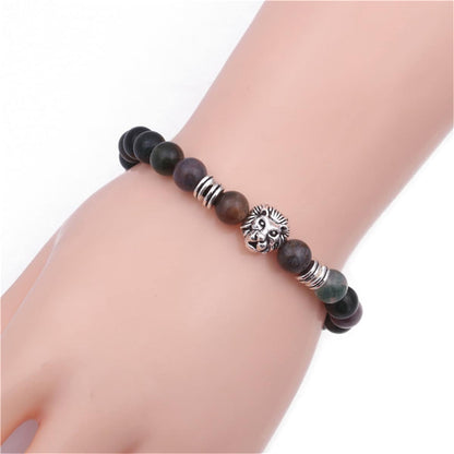 Agate & Silvertone Lion Beaded Stretch Bracelet