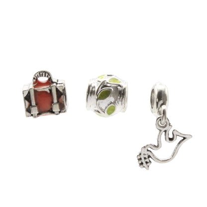 Silver Charm Bracelet - Dove Of Peace, Suitcase & Green Leaves Charm