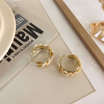 Beige Resin & Goldtone Chain Hoop Earrings