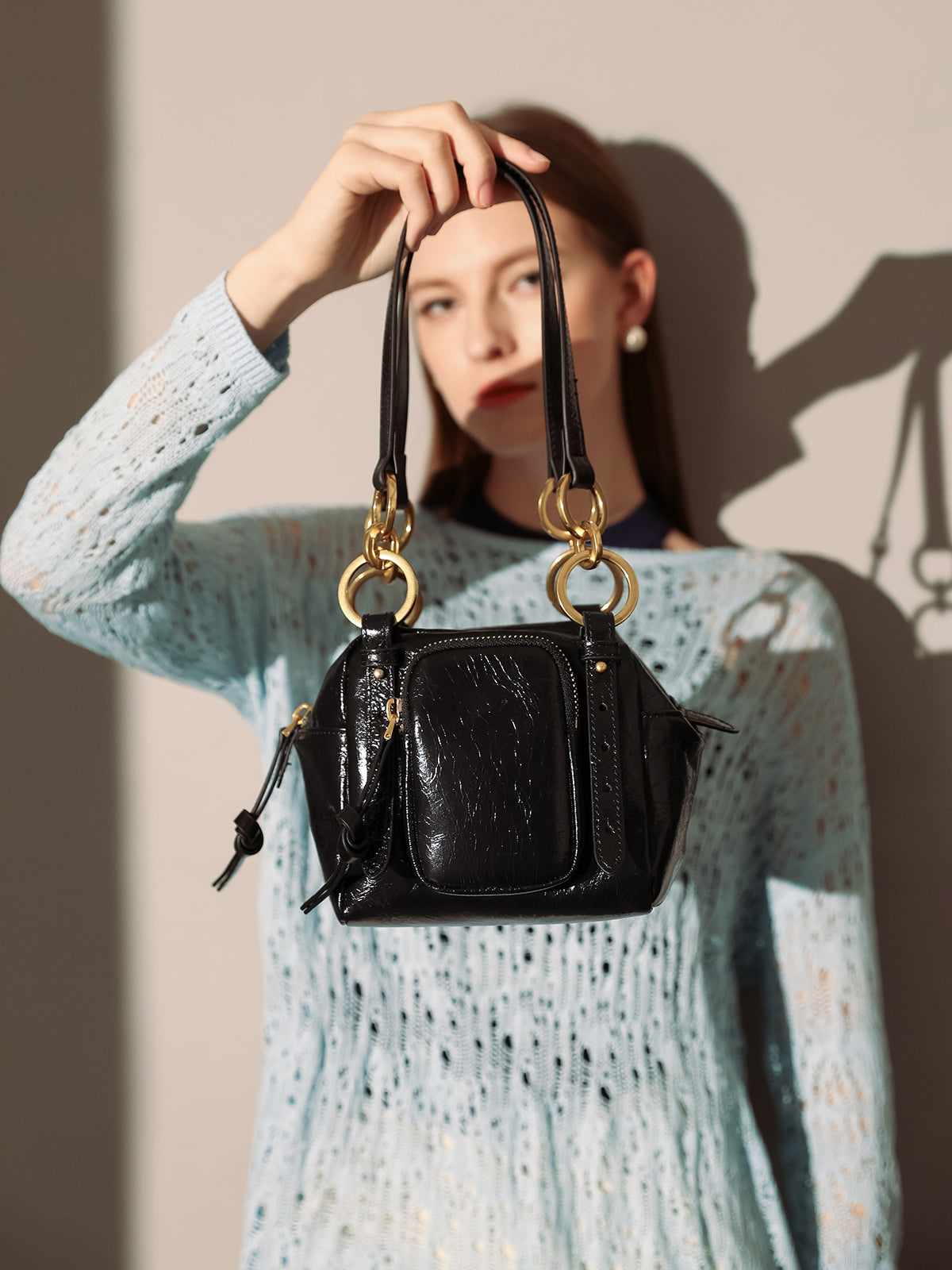 Two Way Shiny Wrinkled Leather Shoulder Bag