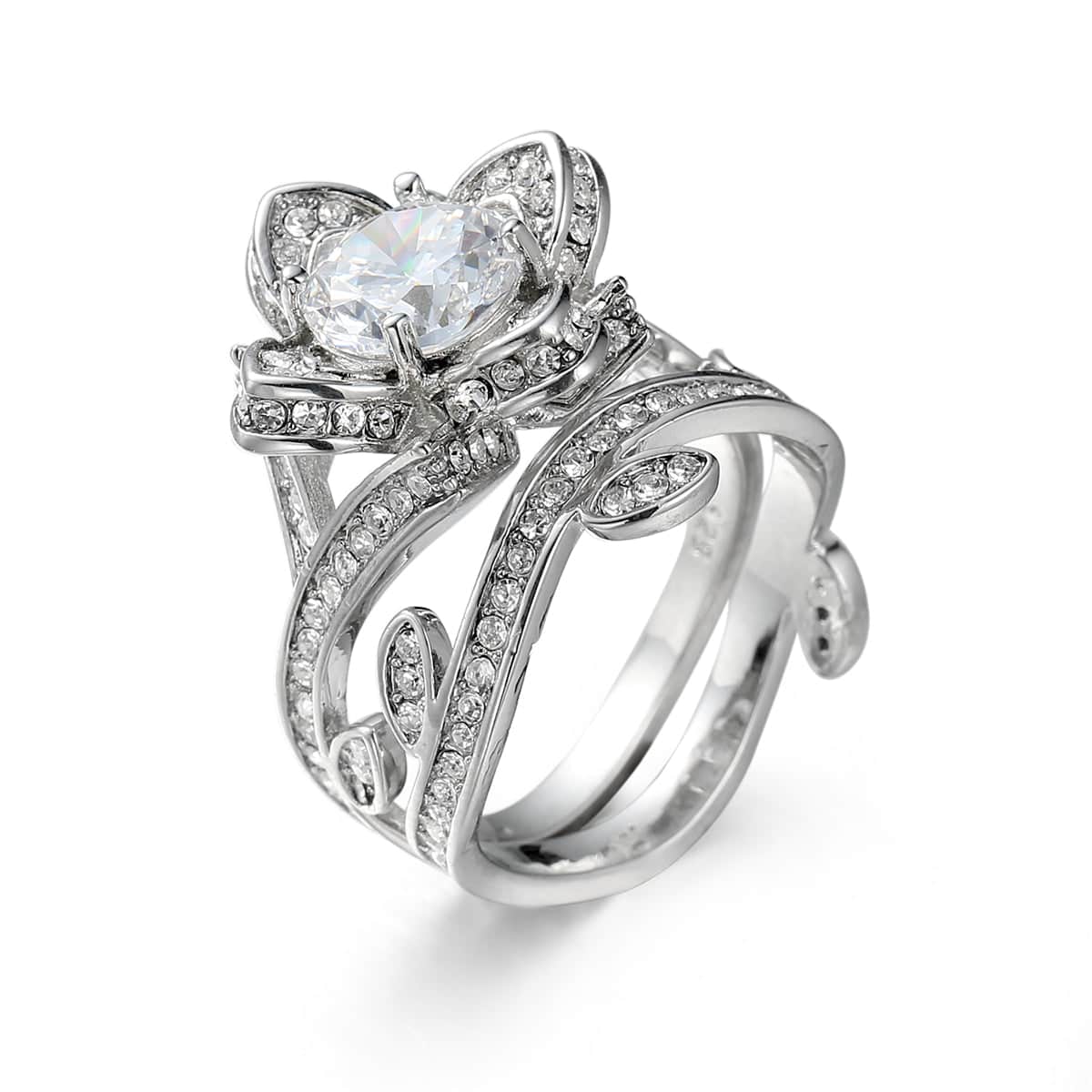 Crystal & Cubic Zirconia Silvertone Flower Ring Set
