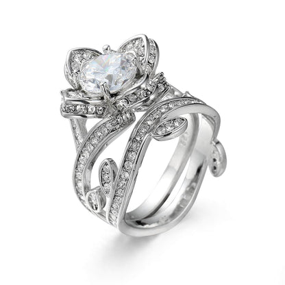 Crystal & Cubic Zirconia Silvertone Flower Ring Set