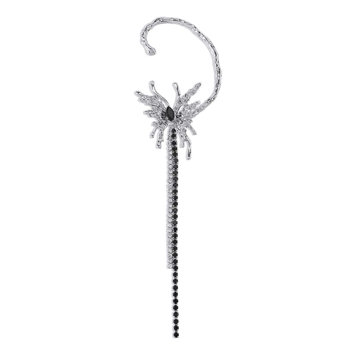 Black Crystal & Cubic Zirconia Butterfly Tassel Ear Cuff