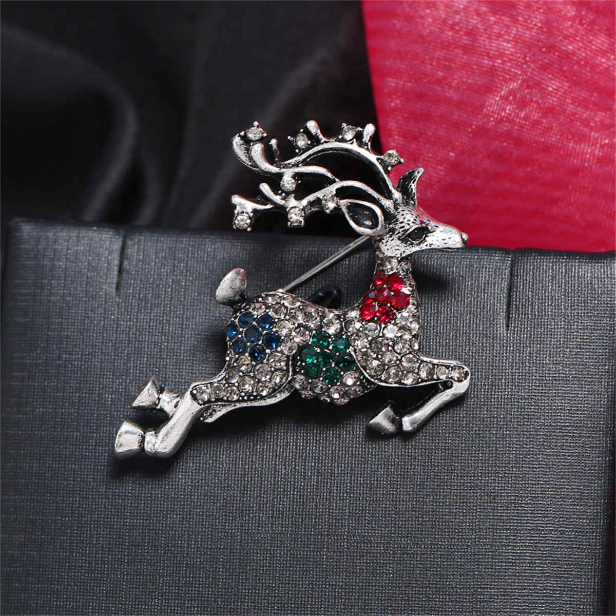 Cubic Zirconia & Silvertone Reindeer Brooch