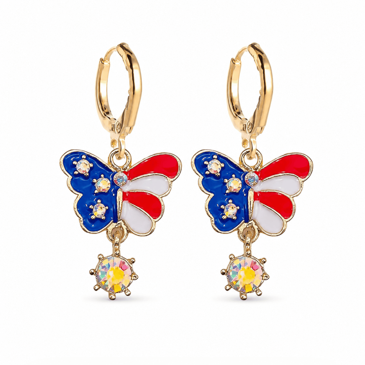 American Flag Butterfly Huggie Earrings for Women, Patriotic Red White Blue Jewelry