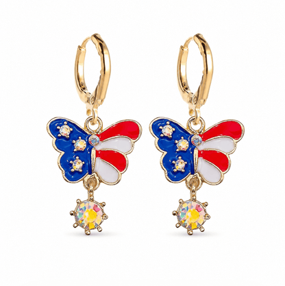 American Flag Butterfly Huggie Earrings for Women, Patriotic Red White Blue Jewelry