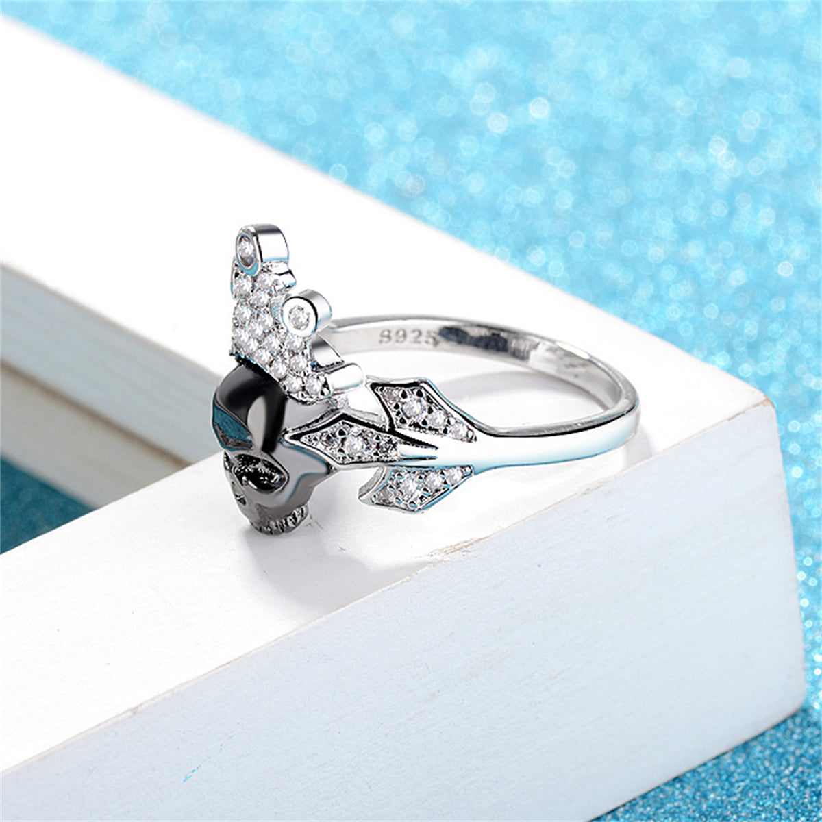 Cubic Zirconia & Silvertone Crown Skull Ring