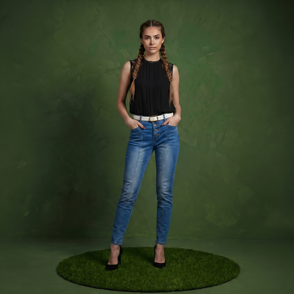 Anna-Kaci Women's Sleeveless Blouse with Lace Yoke and Pleated Front