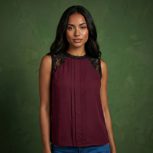 Anna-Kaci Women's Sleeveless Blouse with Lace Yoke and Pleated Front