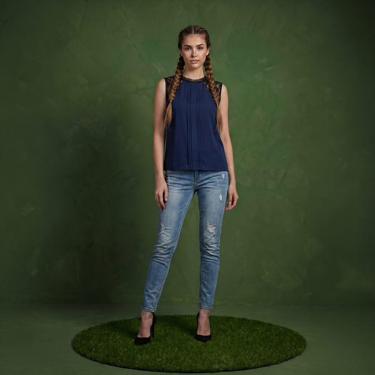 Anna-Kaci Women's Sleeveless Blouse with Lace Yoke and Pleated Front