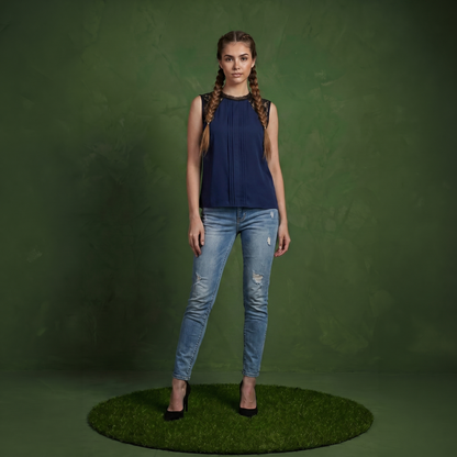 Anna-Kaci Women's Sleeveless Blouse with Lace Yoke and Pleated Front