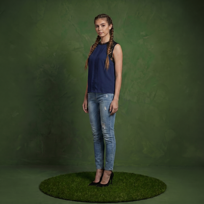 Anna-Kaci Women's Sleeveless Blouse with Lace Yoke and Pleated Front