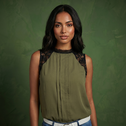 Anna-Kaci Women's Sleeveless Blouse with Lace Yoke and Pleated Front
