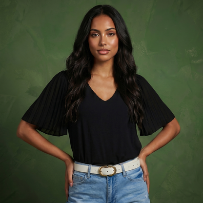 Anna-Kaci Women's V-Neck Blouse with Pleated Chiffon Flutter Sleeves