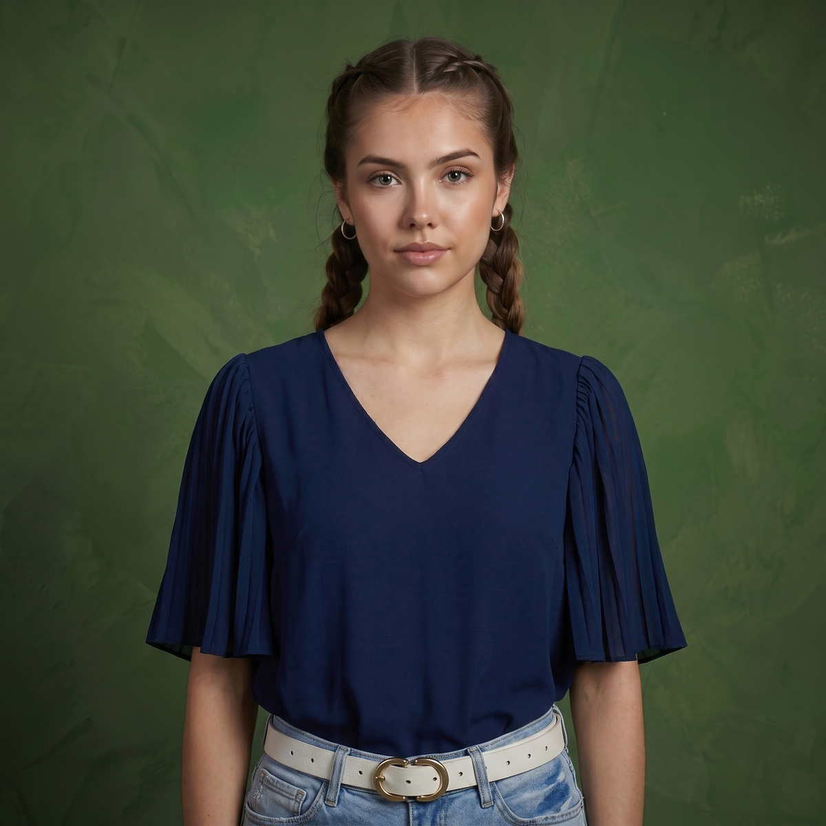 Anna-Kaci Women's V-Neck Blouse with Pleated Chiffon Flutter Sleeves