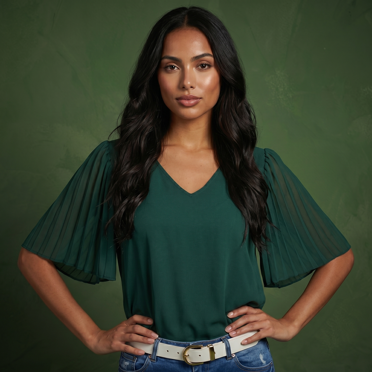 Anna-Kaci Women's V-Neck Blouse with Pleated Chiffon Flutter Sleeves
