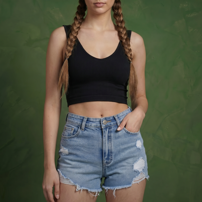 Anna-Kaci Women's High Waist Distressed Denim Shorts with Raw Hem