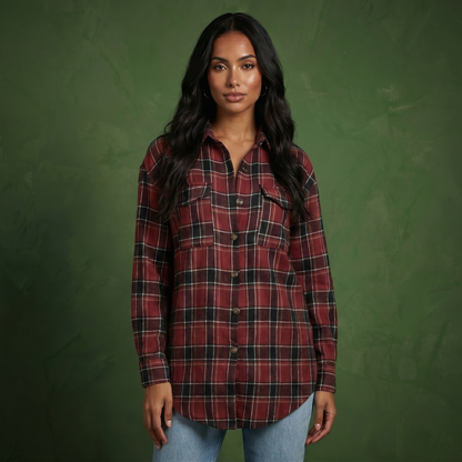 Anna-Kaci Women's Long Sleeve Plaid Button-Up Shirt with Chest Pockets