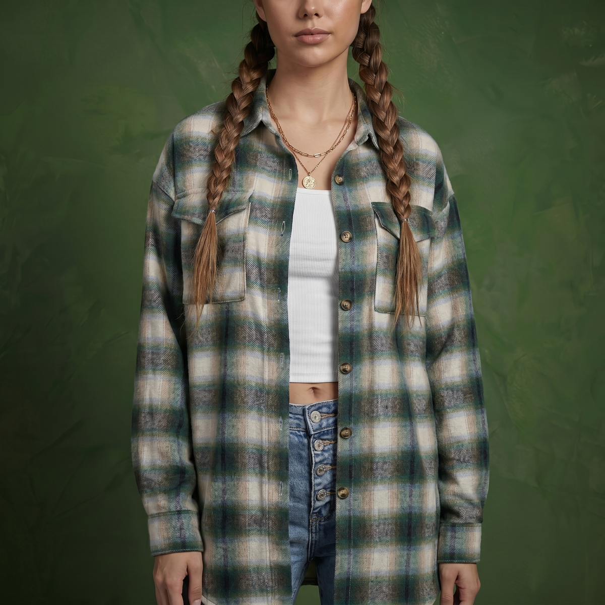 Anna-Kaci Women's Long Sleeve Plaid Button-Up Shirt with Chest Pockets