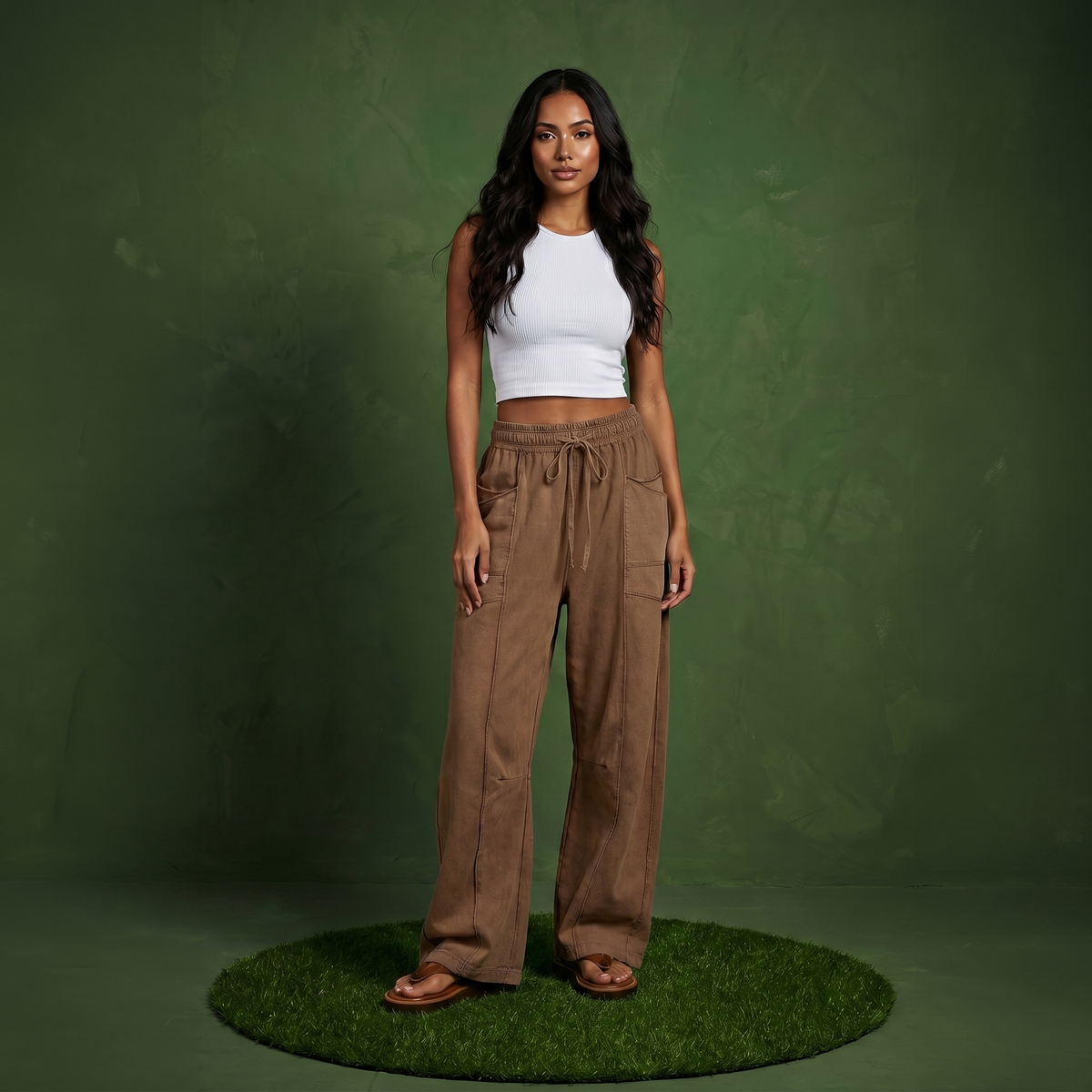 Anna-Kaci Women¡¯s Soft Wide Leg Pants with Cargo Style Seam Detailing Adjustable Drawstring Waistband and Relaxed Stretch Fit