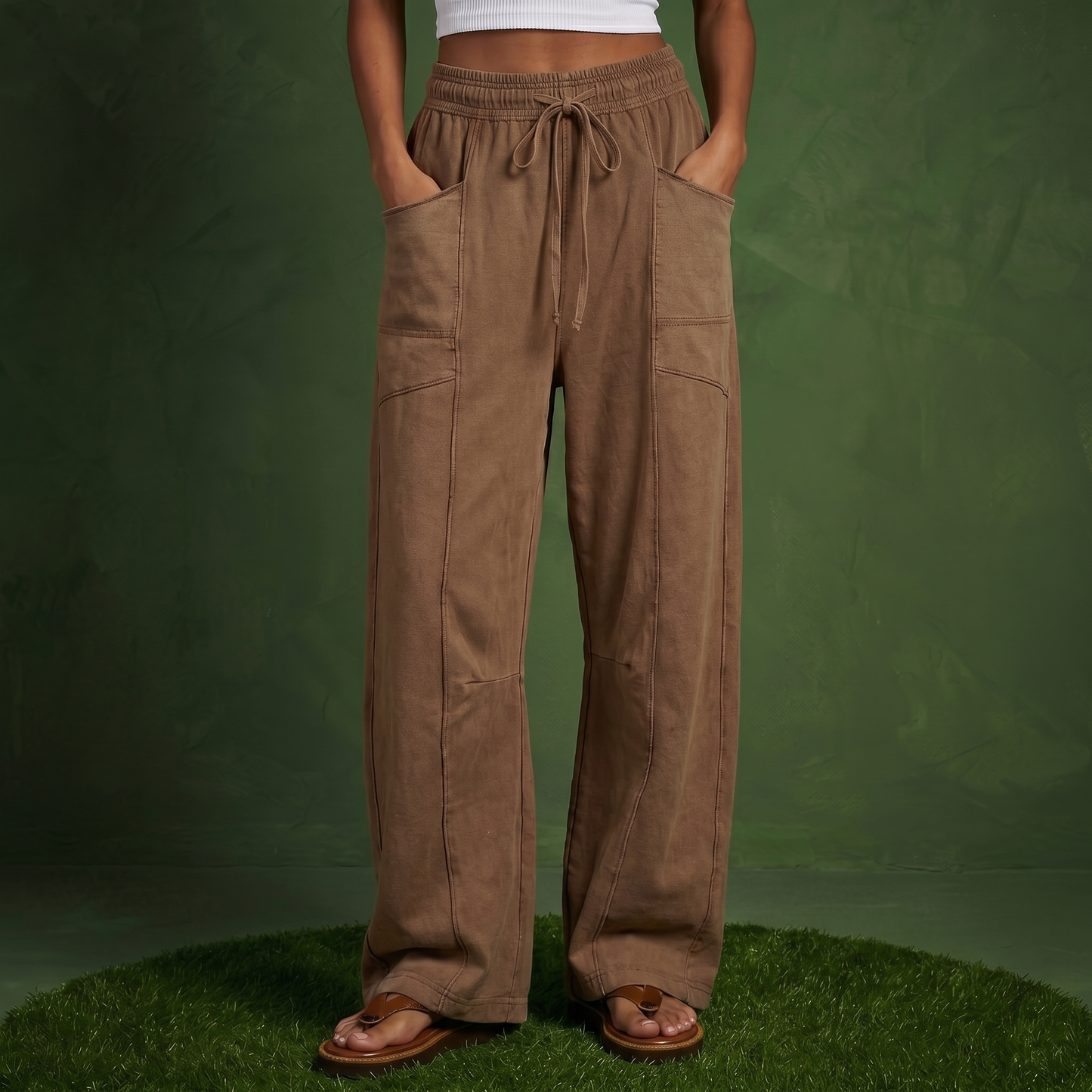 Anna-Kaci Women¡¯s Soft Wide Leg Pants with Cargo Style Seam Detailing Adjustable Drawstring Waistband and Relaxed Stretch Fit