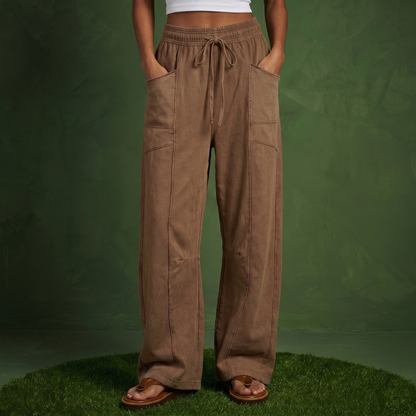 Anna-Kaci Women¡¯s Soft Wide Leg Pants with Cargo Style Seam Detailing Adjustable Drawstring Waistband and Relaxed Stretch Fit