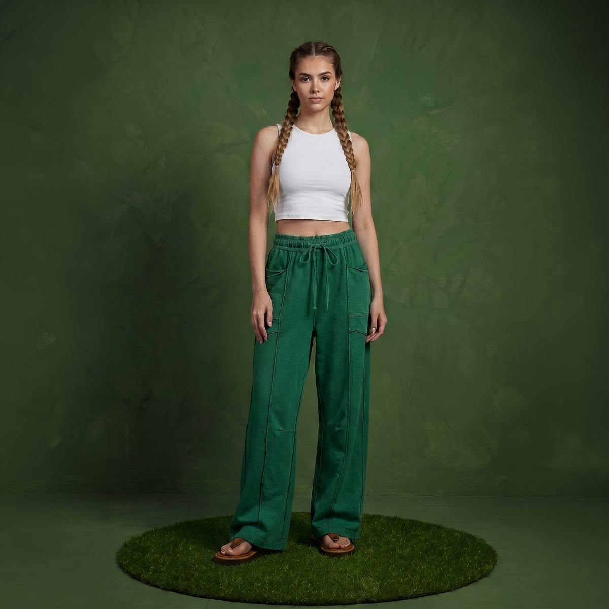 Anna-Kaci Women¡¯s Soft Wide Leg Pants with Cargo Style Seam Detailing Adjustable Drawstring Waistband and Relaxed Stretch Fit