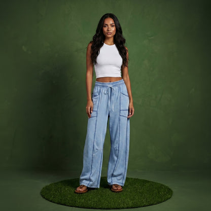 Anna-Kaci Women¡¯s Soft Wide Leg Pants with Cargo Style Seam Detailing Adjustable Drawstring Waistband and Relaxed Stretch Fit