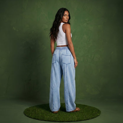Anna-Kaci Women¡¯s Soft Wide Leg Pants with Cargo Style Seam Detailing Adjustable Drawstring Waistband and Relaxed Stretch Fit