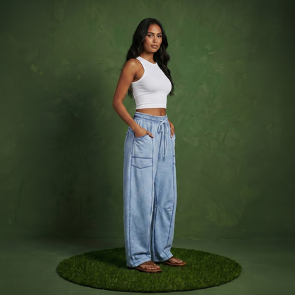 Anna-Kaci Women¡¯s Soft Wide Leg Pants with Cargo Style Seam Detailing Adjustable Drawstring Waistband and Relaxed Stretch Fit