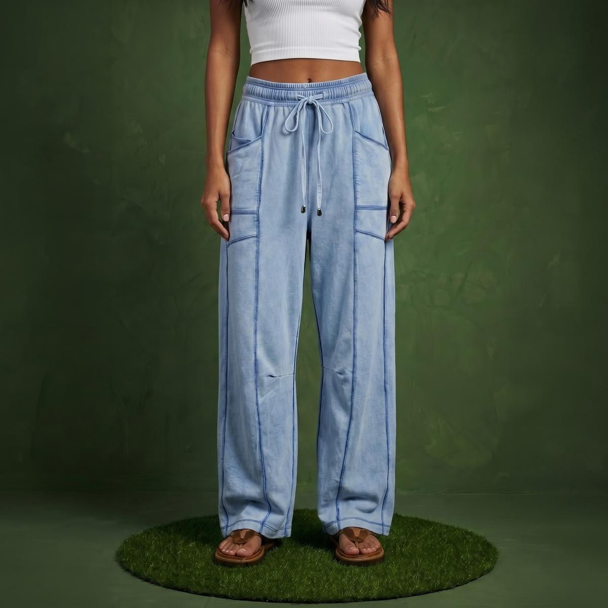 Anna-Kaci Women¡¯s Soft Wide Leg Pants with Cargo Style Seam Detailing Adjustable Drawstring Waistband and Relaxed Stretch Fit