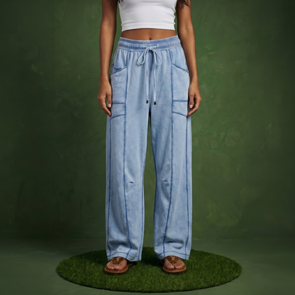 Anna-Kaci Women¡¯s Soft Wide Leg Pants with Cargo Style Seam Detailing Adjustable Drawstring Waistband and Relaxed Stretch Fit