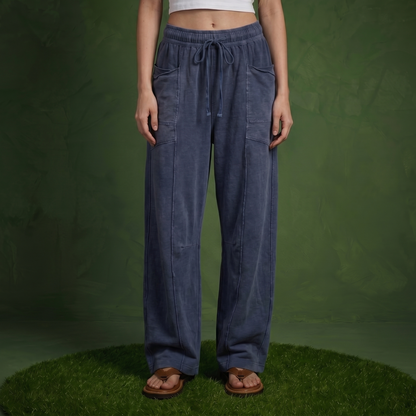 Anna-Kaci Women¡¯s Soft Wide Leg Pants with Cargo Style Seam Detailing Adjustable Drawstring Waistband and Relaxed Stretch Fit