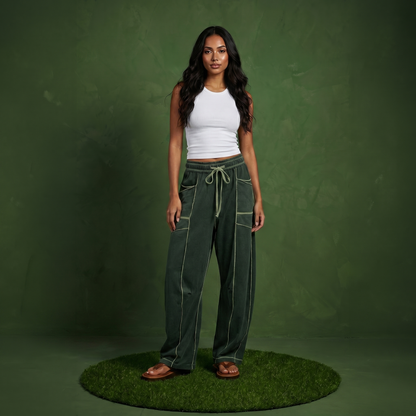 Anna-Kaci Women¡¯s Soft Wide Leg Pants with Cargo Style Seam Detailing Adjustable Drawstring Waistband and Relaxed Stretch Fit
