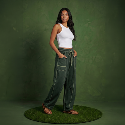 Anna-Kaci Women¡¯s Soft Wide Leg Pants with Cargo Style Seam Detailing Adjustable Drawstring Waistband and Relaxed Stretch Fit