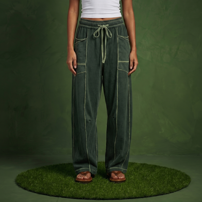 Anna-Kaci Women¡¯s Soft Wide Leg Pants with Cargo Style Seam Detailing Adjustable Drawstring Waistband and Relaxed Stretch Fit