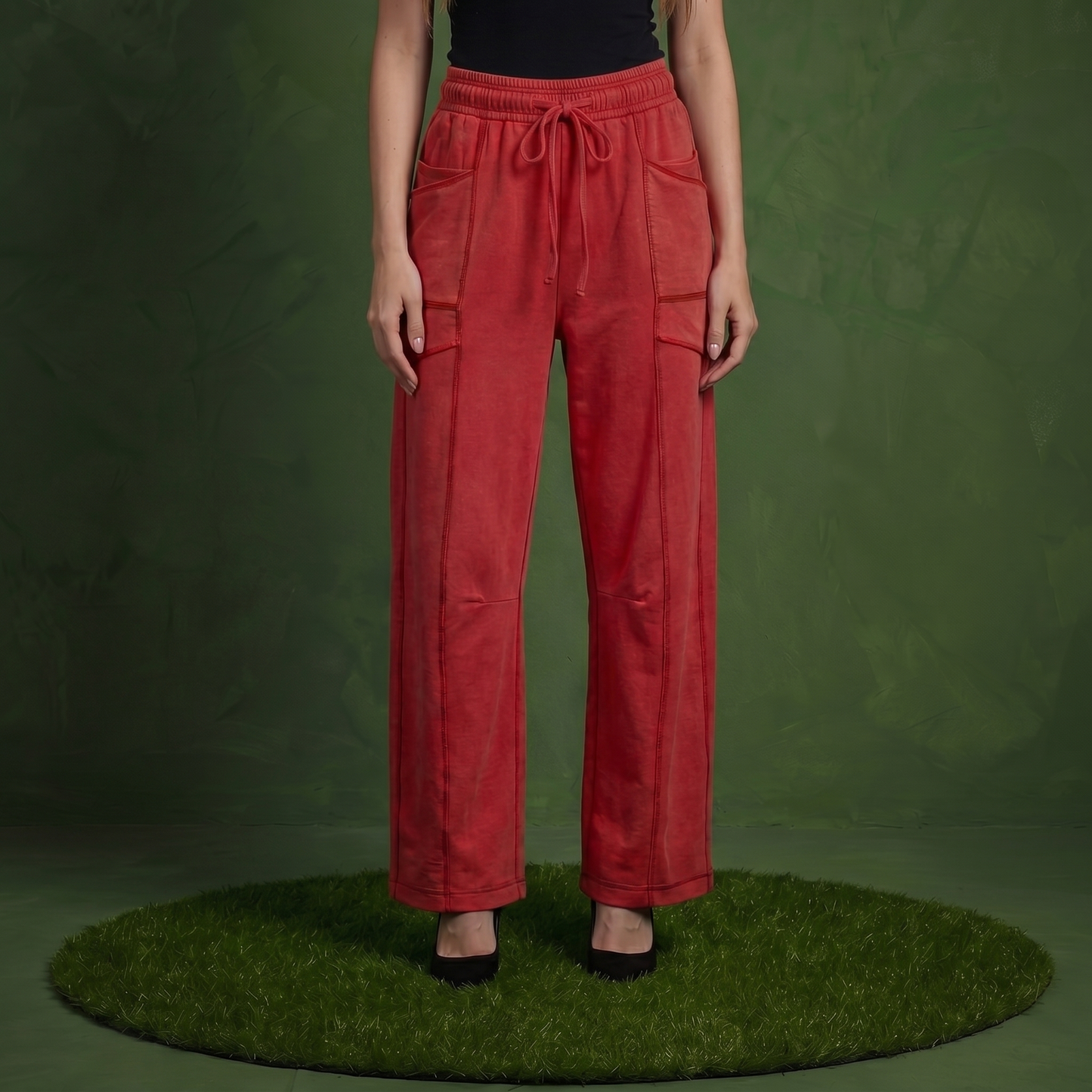 Anna-Kaci Women¡¯s Soft Wide Leg Pants with Cargo Style Seam Detailing Adjustable Drawstring Waistband and Relaxed Stretch Fit