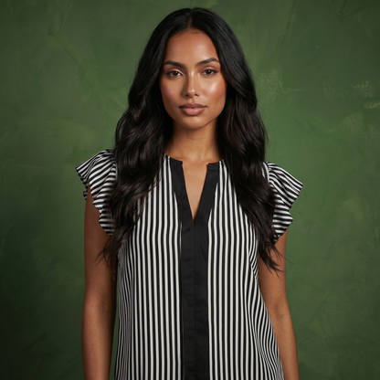 Anna-Kaci Vertical Stripe Flutter Sleeve Blouse with Split Neck Contrast Panel