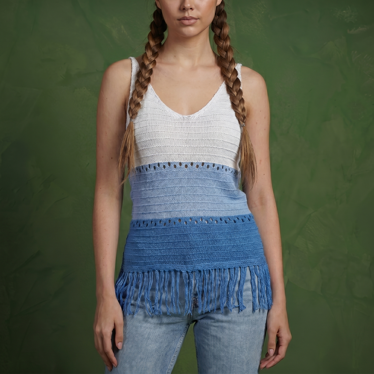 Anna-Kaci Women's Sleeveless Open Knit Tank Top with V Neck and Fringe Hem Detail