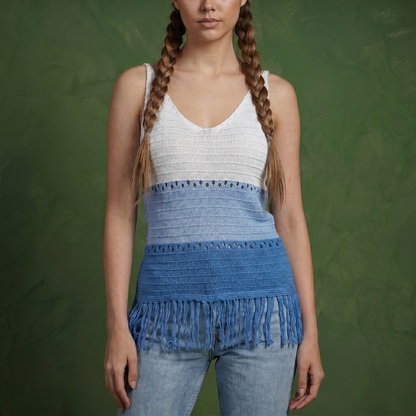 Anna-Kaci Women's Sleeveless Open Knit Tank Top with V Neck and Fringe Hem Detail