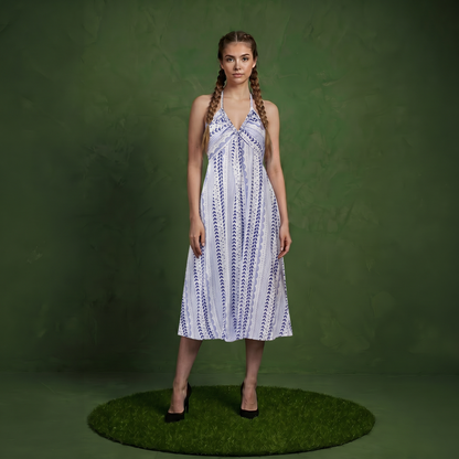 Anna-Kaci Women's Halter Neck Midi Dress with V Neckline Smocked Bodice and Flowing A-Line Skirt