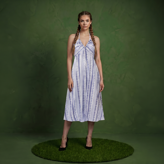 Anna-Kaci Women's Halter Neck Midi Dress with V Neckline Smocked Bodice and Flowing A-Line Skirt